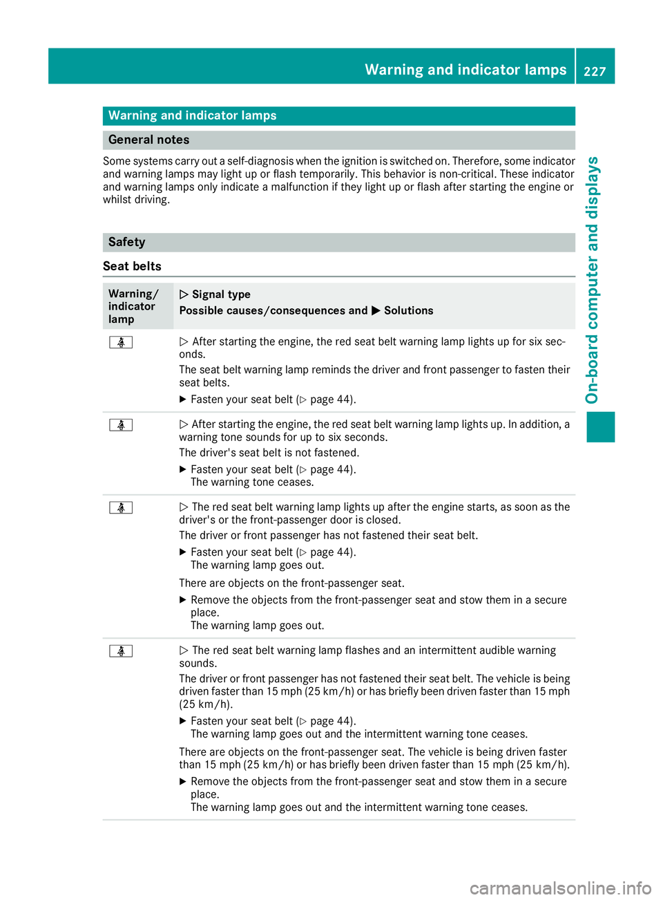 MERCEDES-BENZ SL ROADSTER 2018 Owners Manual Warning and indicator lamps
General notes
Some systems carry out a self-diagnosis when the ignition is switched on. Therefore, some indicatorand warning lamps may light up or flash temporarily. This b MERCEDES-BENZ SL ROADSTER 2018 Owners Manual Warning and indicator lamps
General notes
Some systems carry out a self-diagnosis when the ignition is switched on. Therefore, some indicatorand warning lamps may light up or flash temporarily. This b