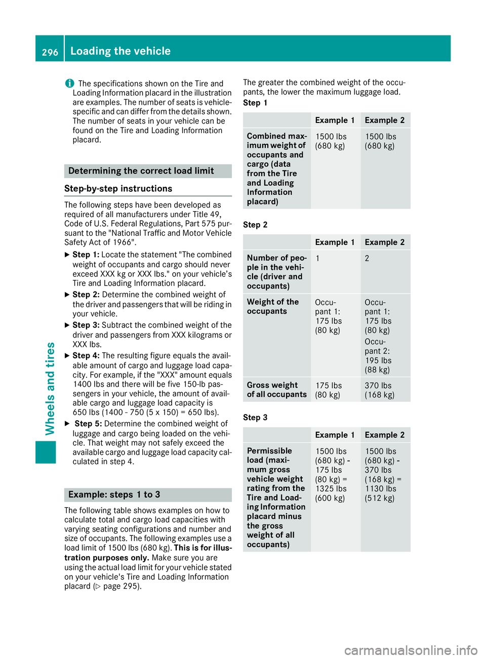 MERCEDES-BENZ SL ROADSTER 2018 Owners Manual iThe specifications shown on the Tire and
Loading Information placard in the illustration
are examples. The number of seats is vehicle-
specific and can differ from the details shown.
The number of se MERCEDES-BENZ SL ROADSTER 2018 Owners Manual iThe specifications shown on the Tire and
Loading Information placard in the illustration
are examples. The number of seats is vehicle-
specific and can differ from the details shown.
The number of se