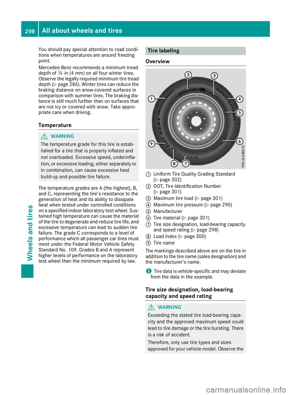 MERCEDES-BENZ SL ROADSTER 2018 Owners Manual You should pay special attention to road condi-
tions when temperatures are around freezing
point.
Mercedes-Benz recommends a minimum tread
depth ofãin (4 mm) on all four winter tires.
Observe the le MERCEDES-BENZ SL ROADSTER 2018 Owners Manual You should pay special attention to road condi-
tions when temperatures are around freezing
point.
Mercedes-Benz recommends a minimum tread
depth ofãin (4 mm) on all four winter tires.
Observe the le