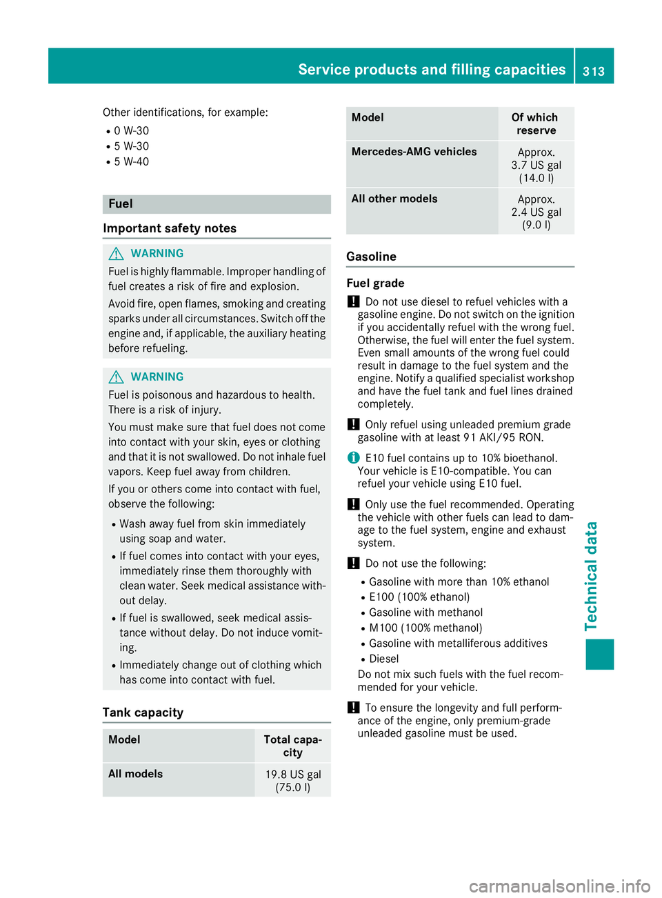 MERCEDES-BENZ SL ROADSTER 2018 Owners Manual Other identifications, for example:
R0 W-30
R5 W-30
R5 W-40
Fuel
Important safety notes
GWARNING
Fuel is highly flammable. Improper handling of
fuel creates a risk of fire and explosion.
Avoid fire, o MERCEDES-BENZ SL ROADSTER 2018 Owners Manual Other identifications, for example:
R0 W-30
R5 W-30
R5 W-40
Fuel
Important safety notes
GWARNING
Fuel is highly flammable. Improper handling of
fuel creates a risk of fire and explosion.
Avoid fire, o