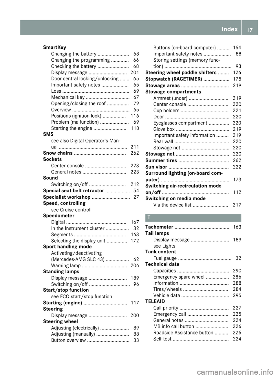 MERCEDES-BENZ SLC ROADSTER 2018 Owners Manual SmartKeyChanging the battery ....................... 68
Changing the programming .............6 6
Checkin gthe battery ...................... .68
Display message ............................ 201
Doorc MERCEDES-BENZ SLC ROADSTER 2018 Owners Manual SmartKeyChanging the battery ....................... 68
Changing the programming .............6 6
Checkin gthe battery ...................... .68
Display message ............................ 201
Doorc