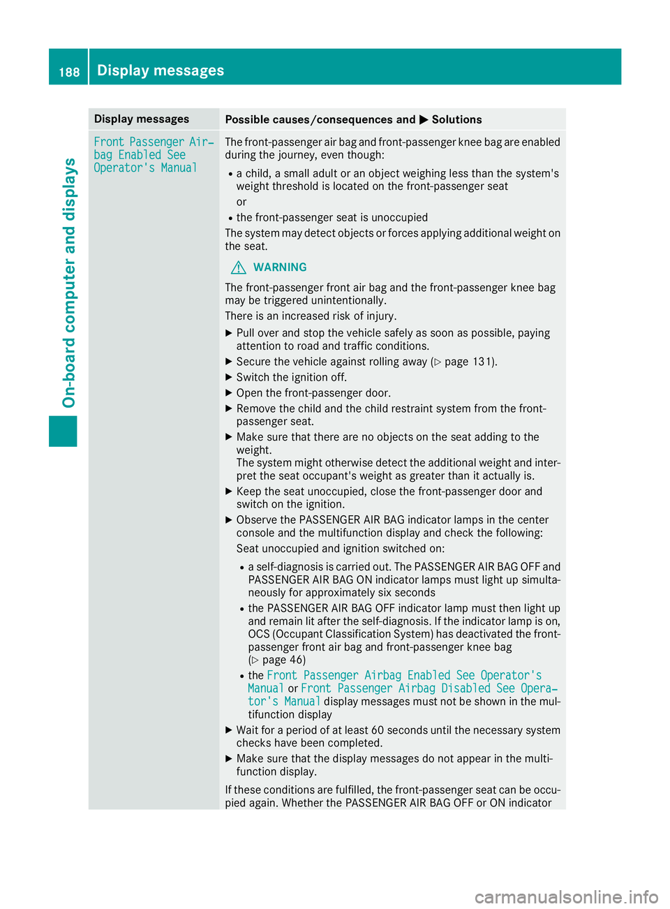MERCEDES-BENZ SLC ROADSTER 2018 Owners Manual Display messagesPossible causes/consequences andMSolutions
FrontPassengerAir‐bag Enable dSeeOperator' sManual
The front-passenger air bag and front-passenger knee bag are enabled
during th ejou MERCEDES-BENZ SLC ROADSTER 2018 Owners Manual Display messagesPossible causes/consequences andMSolutions
FrontPassengerAir‐bag Enable dSeeOperator' sManual
The front-passenger air bag and front-passenger knee bag are enabled
during th ejou