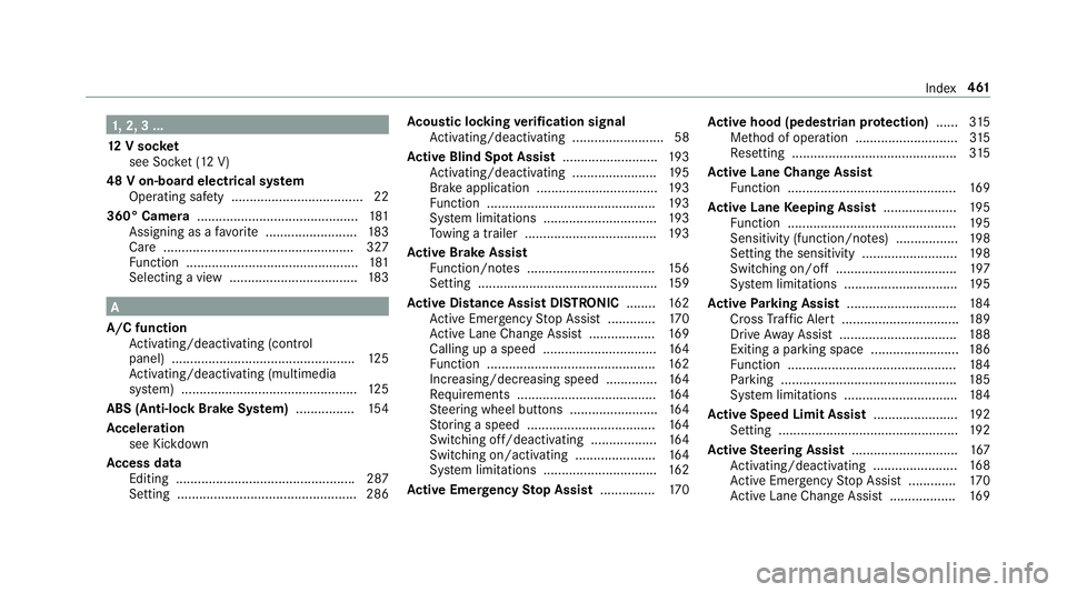 MERCEDES-BENZ E-CLASS CABRIOLET 2018  Owners Manual 1,2, 3 ...
12 V sock et
see Soc ket (12 V)
48 V on-board electrical sy stem
Operating saf ety .................................... 22
360° Camer a............................................ 181
Assi
