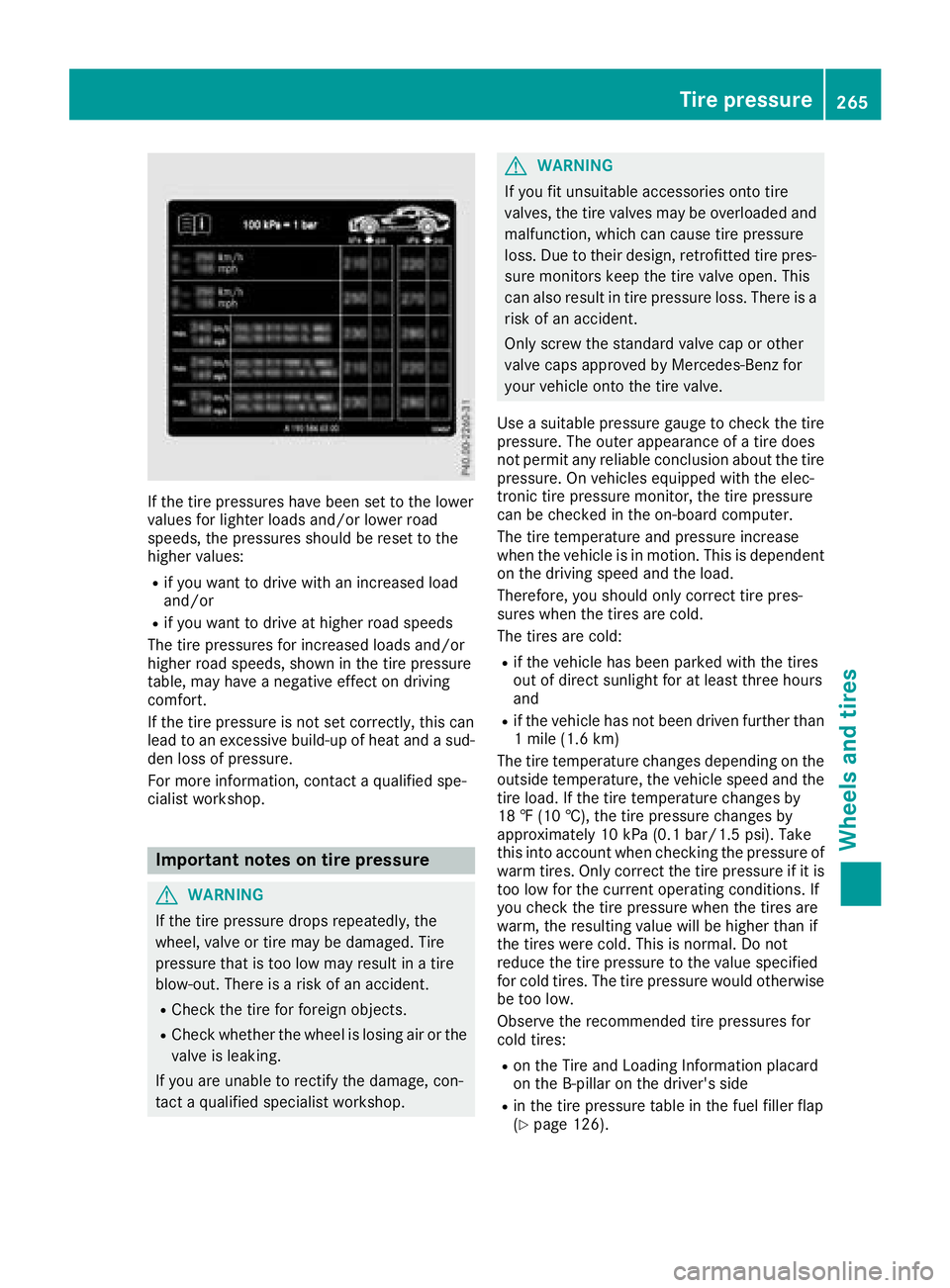 MERCEDES-BENZ AMG GT ROADSTER 2018  Owners Manual If the tire pressures have been set to the lower
values for lighter loads and/or lower road
speeds, the pressures should be reset to the
higher values:
Rif you want to drive with an increased load
and