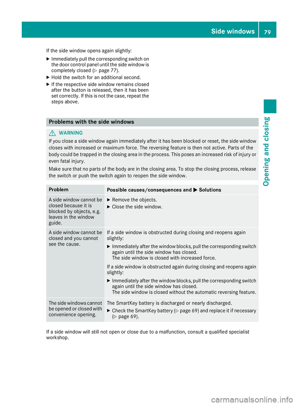 MERCEDES-BENZ AMG GT ROADSTER 2018 Owners Manual If the side window opens again slightly:
XImmediately pull the corresponding switch on
the door control panel until the side window is
completely closed (
Ypage 77).
XHold the switch for an additional MERCEDES-BENZ AMG GT ROADSTER 2018 Owners Manual If the side window opens again slightly:
XImmediately pull the corresponding switch on
the door control panel until the side window is
completely closed (
Ypage 77).
XHold the switch for an additional