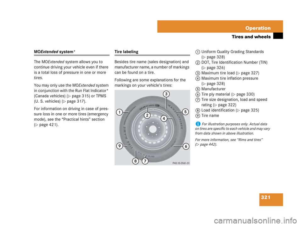 MERCEDES-BENZ SLK350 2008 R171 Owners Manual 321 Operation
Tires and wheels
MOExtended system*
The MOExtended system allows you to
continue driving your vehicle even if there
is a total loss of pressure in one or more
tires.
You may only use MERCEDES-BENZ SLK350 2008 R171 Owners Manual 321 Operation
Tires and wheels
MOExtended system*
The MOExtended system allows you to
continue driving your vehicle even if there
is a total loss of pressure in one or more
tires.
You may only use