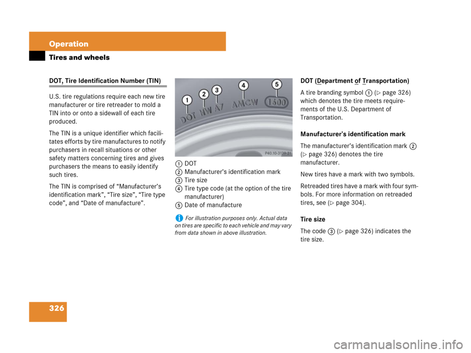 MERCEDES-BENZ SLK350 2008 R171 Owners Manual 326 Operation
Tires and wheels
DOT, Tire Identification Number (TIN)
U.S. tire regulations require each new tire
manufacturer or tire retreader to mold a
TIN into or onto a sidewall of each tire
pr MERCEDES-BENZ SLK350 2008 R171 Owners Manual 326 Operation
Tires and wheels
DOT, Tire Identification Number (TIN)
U.S. tire regulations require each new tire
manufacturer or tire retreader to mold a
TIN into or onto a sidewall of each tire
pr