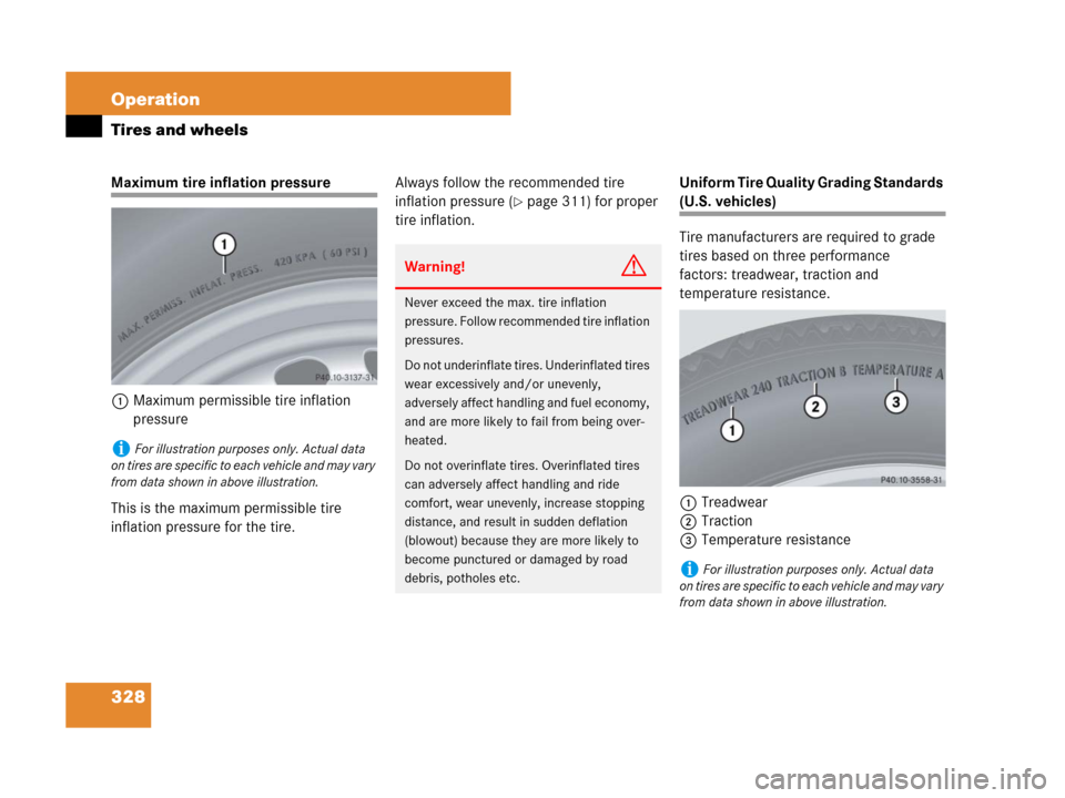 MERCEDES-BENZ SLK350 2008 R171 Owners Manual 328 Operation
Tires and wheels
Maximum tire inflation pressure
1Maximum permissible tire inflation
pressure
This is the maximum permissible tire
inflation pressure for the tire.Always follow the re MERCEDES-BENZ SLK350 2008 R171 Owners Manual 328 Operation
Tires and wheels
Maximum tire inflation pressure
1Maximum permissible tire inflation
pressure
This is the maximum permissible tire
inflation pressure for the tire.Always follow the re