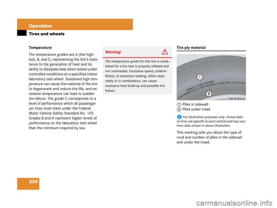 MERCEDES-BENZ SLK350 2008 R171 Owners Manual 330 Operation
Tires and wheels
Temperature
The temperature grades are A (the high-
est), B, and C, representing the tire’s resis-
tance to the generation of heat and its
ability to dissipate heat w MERCEDES-BENZ SLK350 2008 R171 Owners Manual 330 Operation
Tires and wheels
Temperature
The temperature grades are A (the high-
est), B, and C, representing the tire’s resis-
tance to the generation of heat and its
ability to dissipate heat w