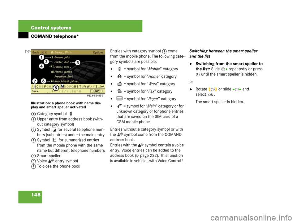 MERCEDES-BENZ S600 2008 W221 Owners Manual 148 Control systems
COMAND telephone*
Illustration: a phone book with name dis-
play and smart speller activated
1Category symbol 
2Upper entry from address book (with-
out category symbol)
3Symbol + 