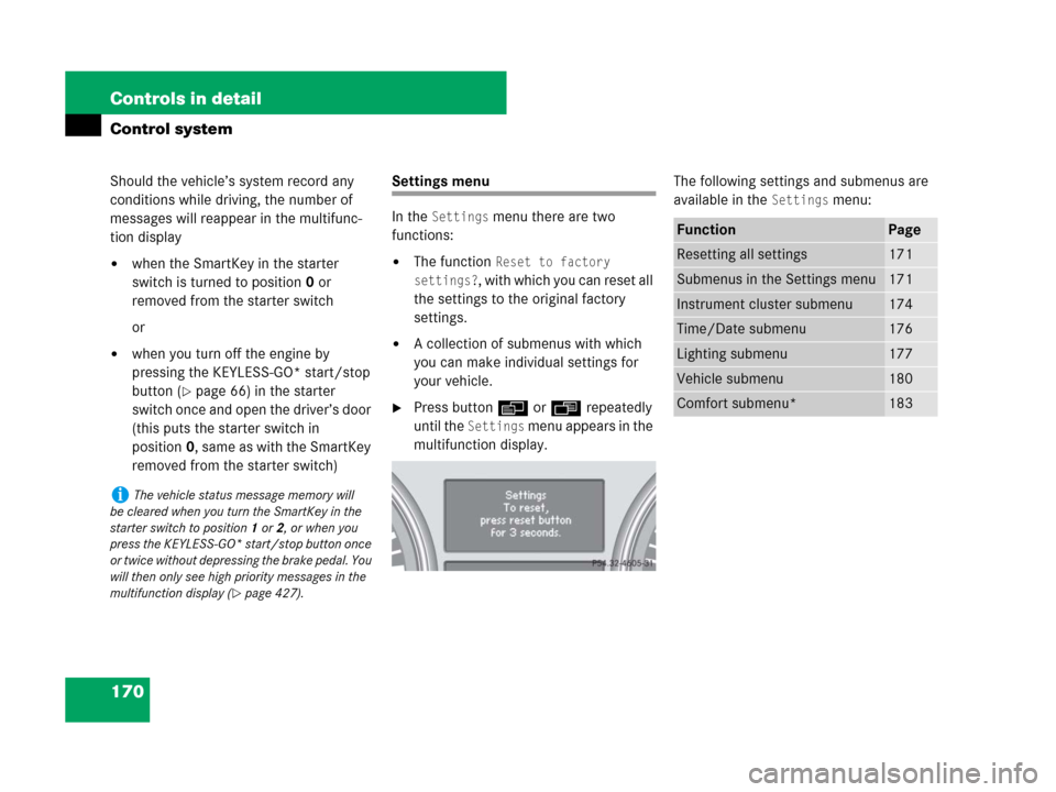 MERCEDES-BENZ R350 2008 W251 Owners Manual 170 Controls in detail
Control system
Should the vehicle’s system record any
conditions while driving, the number of
messages will reappear in the multifunc-
tion display
when the SmartKey in the MERCEDES-BENZ R350 2008 W251 Owners Manual 170 Controls in detail
Control system
Should the vehicle’s system record any
conditions while driving, the number of
messages will reappear in the multifunc-
tion display
when the SmartKey in the