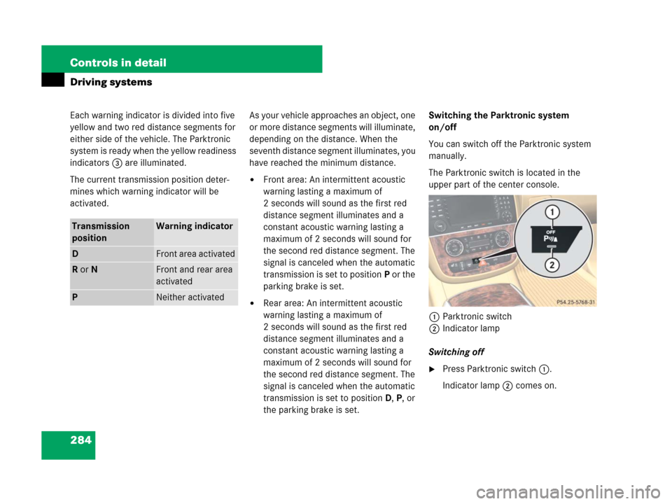 MERCEDES-BENZ R350 2008 W251 Owners Manual 284 Controls in detail
Driving systems
Each warning indicator is divided into five
yellow and two red distance segments for
either side of the vehicle. The Parktronic
system is ready when the yello MERCEDES-BENZ R350 2008 W251 Owners Manual 284 Controls in detail
Driving systems
Each warning indicator is divided into five
yellow and two red distance segments for
either side of the vehicle. The Parktronic
system is ready when the yello