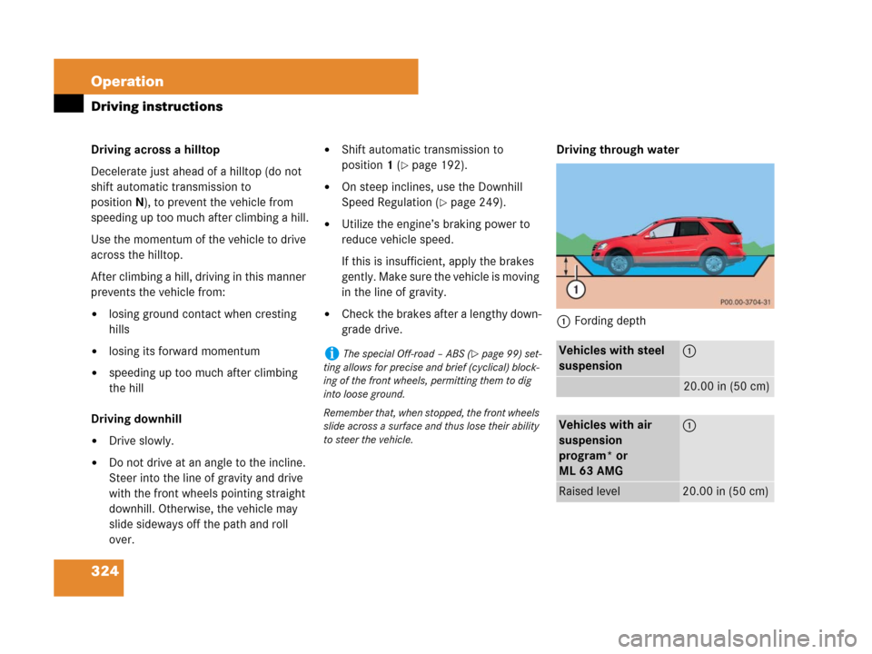 MERCEDES-BENZ ML63AMG 2008 W164 Owners Manual 324 Operation
Driving instructions
Driving across a hilltop
Decelerate just ahead of a hilltop (do not 
shift automatic transmission to 
positionN), to prevent the vehicle from 
speeding up too much a