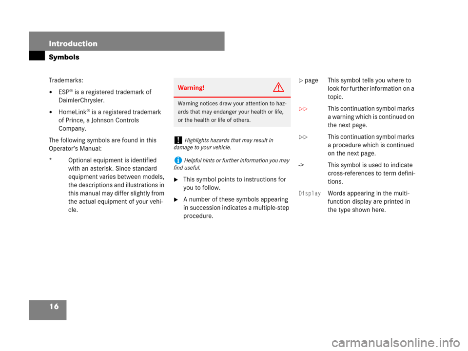 MERCEDES-BENZ GL450 2008 X164 Owners Manual 16 Introduction
Symbols
Trademarks:
ESP® is a registered trademark of
DaimlerChrysler.
HomeLink® is a registered trademark
of Prince, a Johnson Controls
Company.
The following symbols are found MERCEDES-BENZ GL450 2008 X164 Owners Manual 16 Introduction
Symbols
Trademarks:
ESP® is a registered trademark of
DaimlerChrysler.
HomeLink® is a registered trademark
of Prince, a Johnson Controls
Company.
The following symbols are found