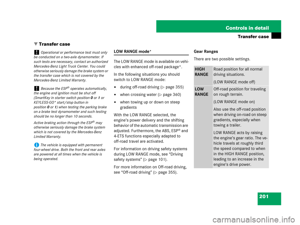 MERCEDES-BENZ GL450 2008 X164 Owners Manual 201 Controls in detail
Transfer case
Transfer case
LOW RANGE mode*
The LOW RANGE mode is available on vehi-
cles with enhanced off-road package*.
In the following situations you should
switch to LOW MERCEDES-BENZ GL450 2008 X164 Owners Manual 201 Controls in detail
Transfer case
Transfer case
LOW RANGE mode*
The LOW RANGE mode is available on vehi-
cles with enhanced off-road package*.
In the following situations you should
switch to LOW