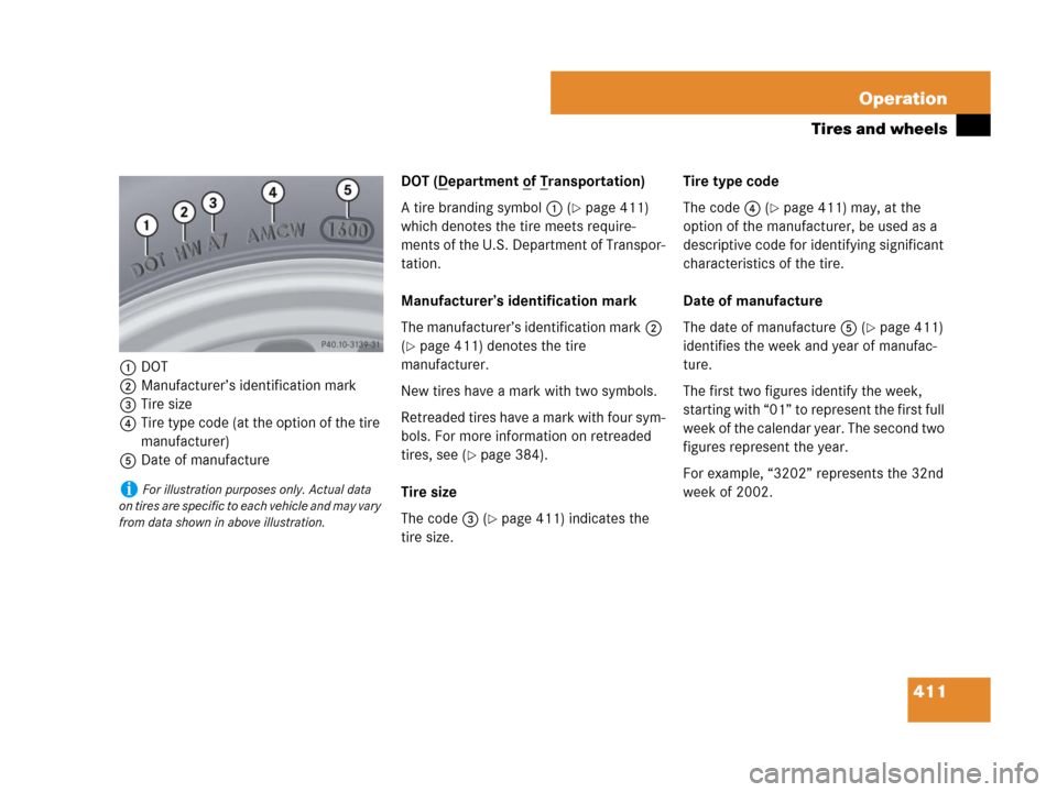 MERCEDES-BENZ GL450 2008 X164 Owners Manual 411 Operation
Tires and wheels
1DOT
2Manufacturer’s identification mark
3Tire size
4Tire type code (at the option of the tire
manufacturer)
5Date of manufactureDOT (D
epartment of Transportation)
A MERCEDES-BENZ GL450 2008 X164 Owners Manual 411 Operation
Tires and wheels
1DOT
2Manufacturer’s identification mark
3Tire size
4Tire type code (at the option of the tire
manufacturer)
5Date of manufactureDOT (D
epartment of Transportation)
A