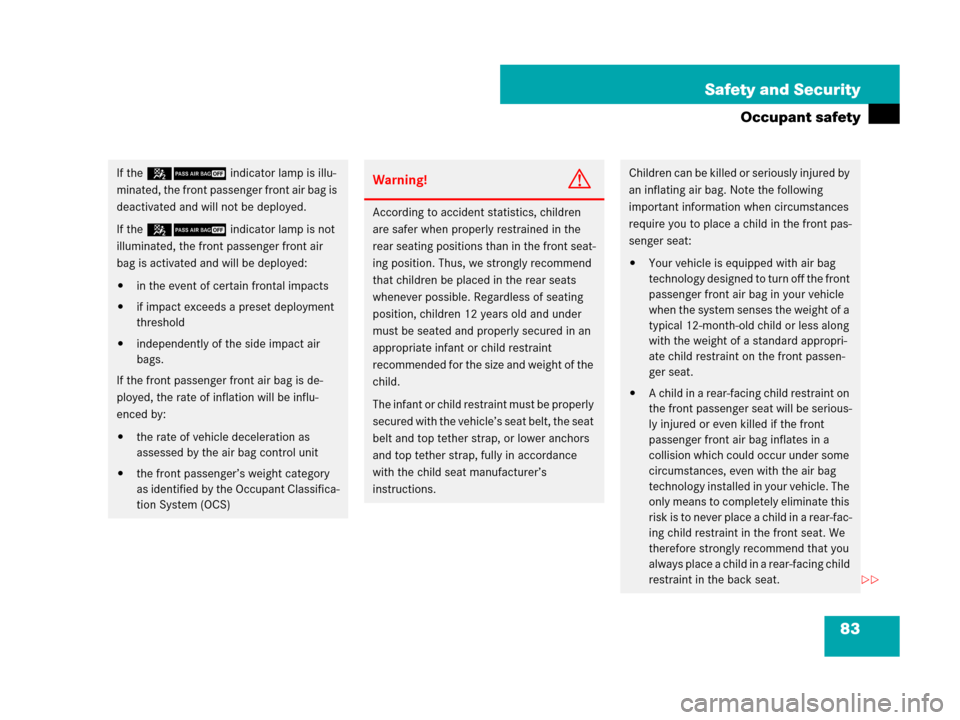 MERCEDES-BENZ GL450 2008 X164 Owners Manual 83 Safety and Security
Occupant safety
If the 59indicator lamp is illu-
minated, the front passenger front air bag is
deactivated and will not be deployed.
If the 59indicator lamp is not
illuminated MERCEDES-BENZ GL450 2008 X164 Owners Manual 83 Safety and Security
Occupant safety
If the 59indicator lamp is illu-
minated, the front passenger front air bag is
deactivated and will not be deployed.
If the 59indicator lamp is not
illuminated