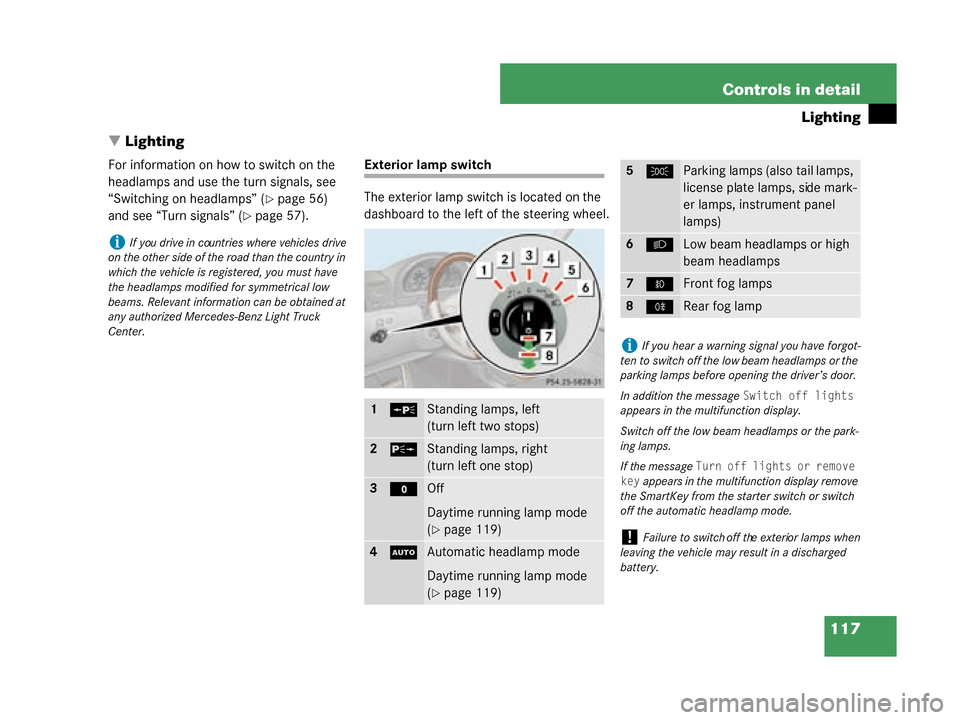 MERCEDES-BENZ G55AMG 2008 W463 Owners Manual 117
Controls in detail
Lighting
Lighting
For information on how to switch on the
headlamps and use the turn signals, see
“Switching on headlamps” (
page 56)
and see “Turn signals” (
pag MERCEDES-BENZ G55AMG 2008 W463 Owners Manual 117
Controls in detail
Lighting
Lighting
For information on how to switch on the
headlamps and use the turn signals, see
“Switching on headlamps” (
page 56)
and see “Turn signals” (
pag