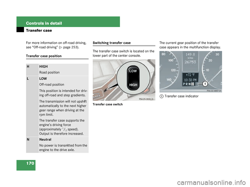 MERCEDES-BENZ G55AMG 2008 W463 Owners Manual 170 Controls in detail
Transfer case
For more information on off-road driving, 
see “Off-road driving” (
page 253).
Transfer case position
Switching transfer case
The transfer case switch is loca