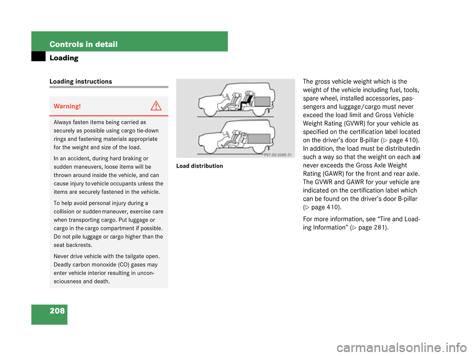 MERCEDES-BENZ G55AMG 2008 W463 Owners Manual 208 Controls in detail
Loading
Loading instructions
Load distribution
The gross vehicle weight which is the
weight of the vehicle including fuel, tools,
spare wheel, installed accessories, pas-
seng MERCEDES-BENZ G55AMG 2008 W463 Owners Manual 208 Controls in detail
Loading
Loading instructions
Load distribution
The gross vehicle weight which is the
weight of the vehicle including fuel, tools,
spare wheel, installed accessories, pas-
seng
