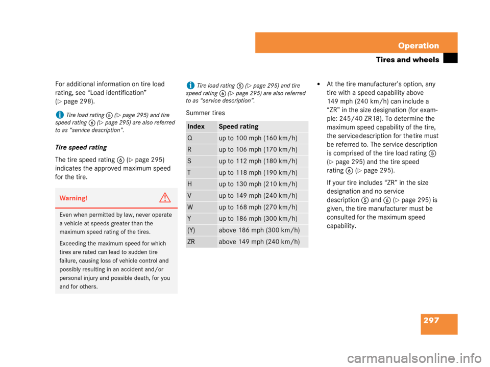 MERCEDES-BENZ G55AMG 2008 W463 Owners Manual 297
Operation
Tires and wheels
For additional information on tire load
rating, see “Load identification”
(
page 298).
Tire speed rating
The tire speed rating 6 (
page 295)
indicates the appro MERCEDES-BENZ G55AMG 2008 W463 Owners Manual 297
Operation
Tires and wheels
For additional information on tire load
rating, see “Load identification”
(
page 298).
Tire speed rating
The tire speed rating 6 (
page 295)
indicates the appro
