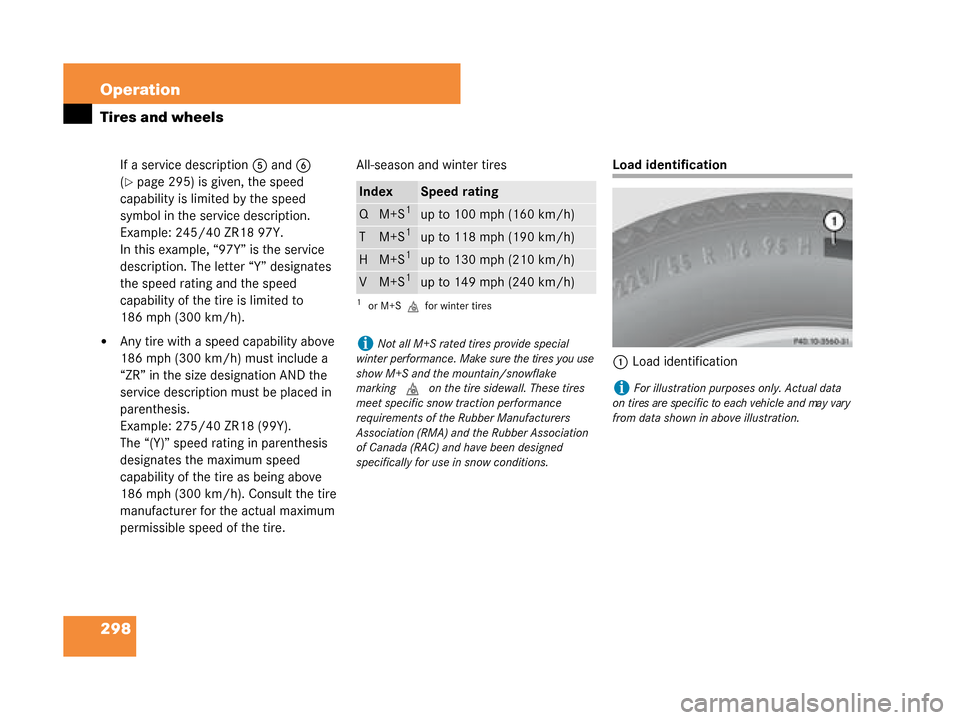 MERCEDES-BENZ G55AMG 2008 W463 Owners Manual 298 Operation
Tires and wheels
If a service description5 and 6
(
page 295) is given, the speed
capability is limited by the speed
symbol in the service description.
Example: 245/40 ZR18 97Y.
In th MERCEDES-BENZ G55AMG 2008 W463 Owners Manual 298 Operation
Tires and wheels
If a service description5 and 6
(
page 295) is given, the speed
capability is limited by the speed
symbol in the service description.
Example: 245/40 ZR18 97Y.
In th