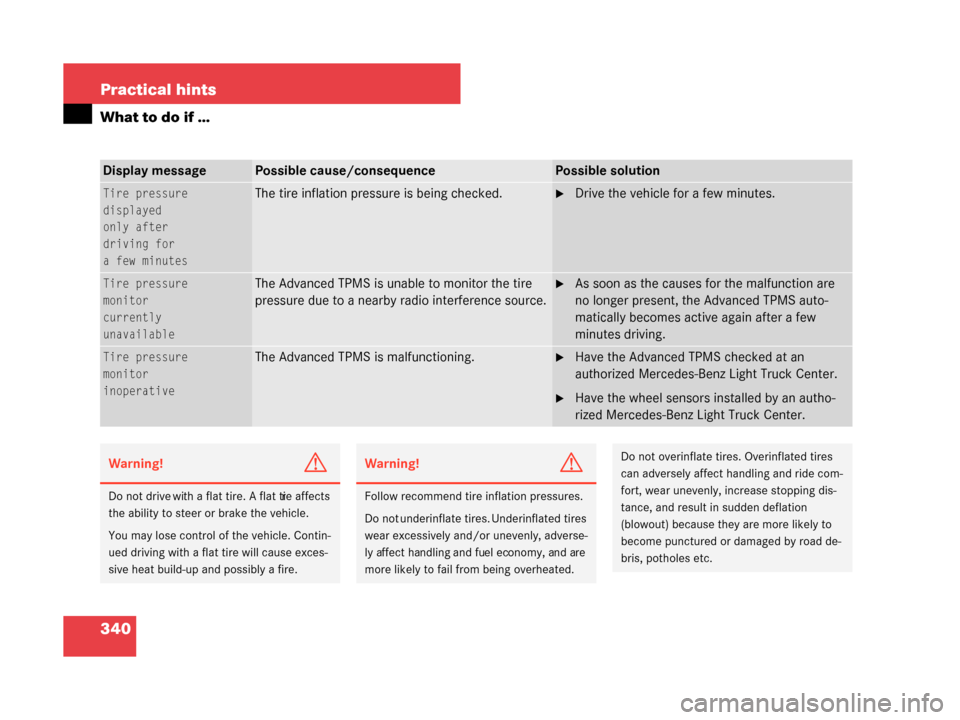 MERCEDES-BENZ G55AMG 2008 W463 Owners Manual 340 Practical hints
What to do if …
Display messagePossible cause/consequencePossible solution
Tire pressure
displayed
only after
driving for
a few minutesThe tire inflation pressure is being checke MERCEDES-BENZ G55AMG 2008 W463 Owners Manual 340 Practical hints
What to do if …
Display messagePossible cause/consequencePossible solution
Tire pressure
displayed
only after
driving for
a few minutesThe tire inflation pressure is being checke