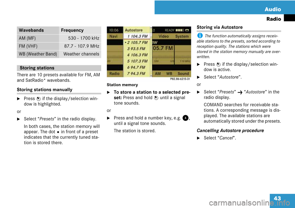 MERCEDES-BENZ C-Class 2008 W204 Comand Manual 43 Audio
Radio
There are 10 presets available for FM, AM 
and SatRadio* wavebands.
Storing stations manually
Press n if the display/selection win-
dow is highlighted.
or
Select “Presets” in the 