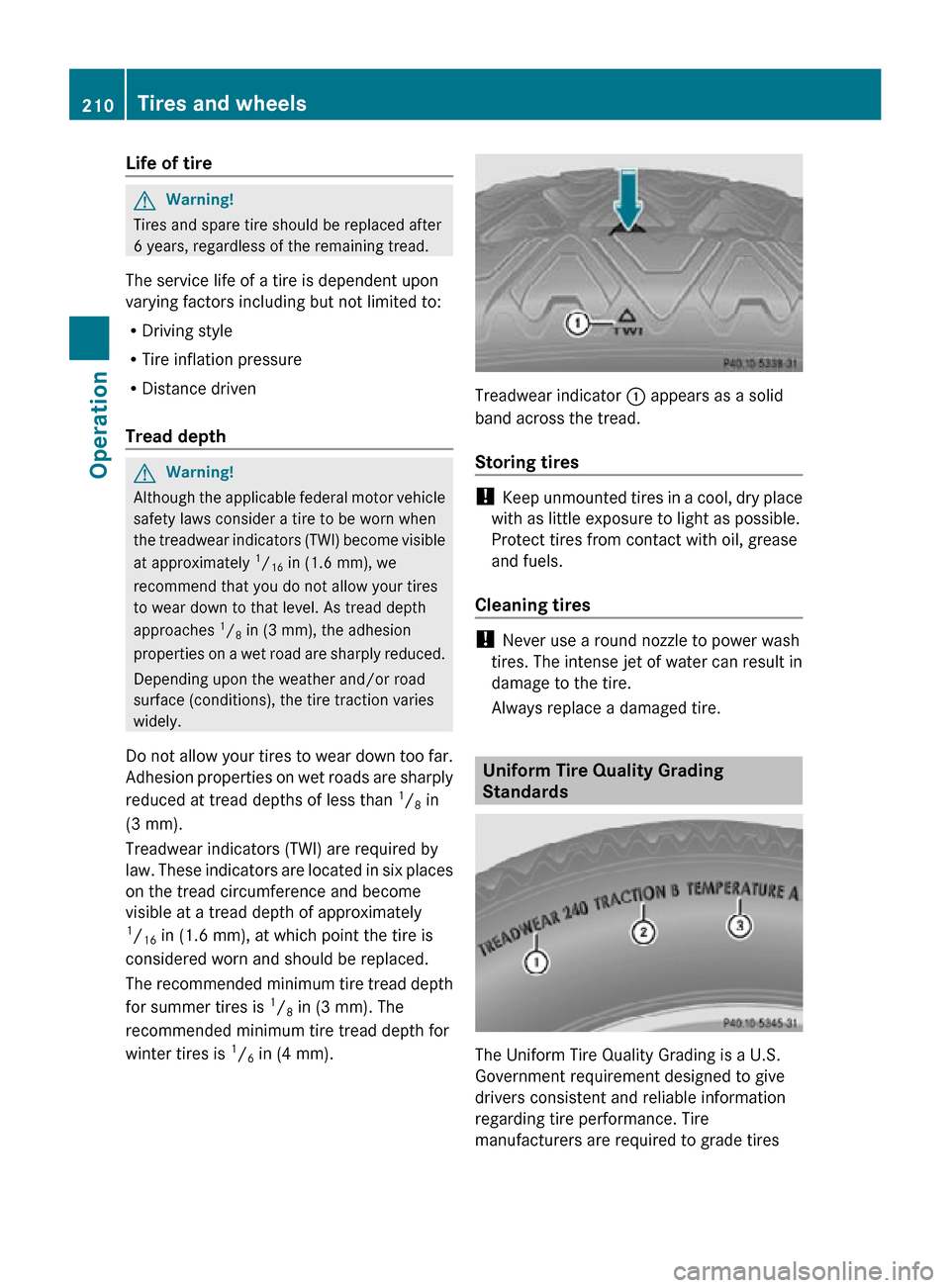 MERCEDES-BENZ SLK55AMG 2010 R171 Owners Manual Life of tire
G
Warning!
Tires and spare tire should be replaced after
6 years, regardless of the remaining tread.
The service life of a tire is dependent upon
varying factors including but not limite MERCEDES-BENZ SLK55AMG 2010 R171 Owners Manual Life of tire
G
Warning!
Tires and spare tire should be replaced after
6 years, regardless of the remaining tread.
The service life of a tire is dependent upon
varying factors including but not limite