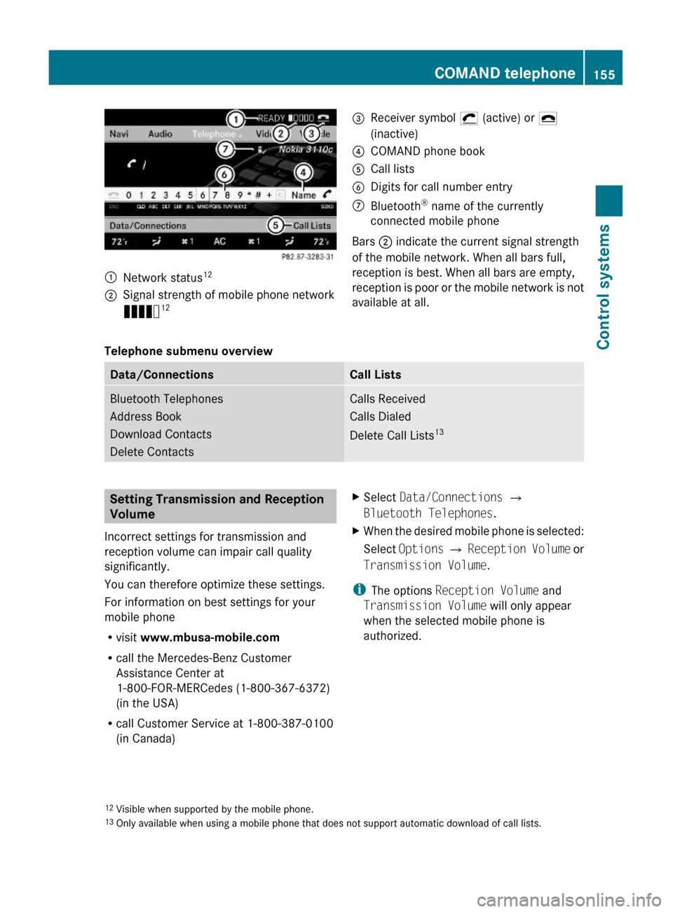 MERCEDES-BENZ S600 2010 W221 Owners Manual :Network status12;Signal strength of mobile phone network
Ä12=Receiver symbol ¡ (active) or ¢
(inactive)
?COMAND phone bookACall listsBDigits for call number entryCBluetooth® name of the currently