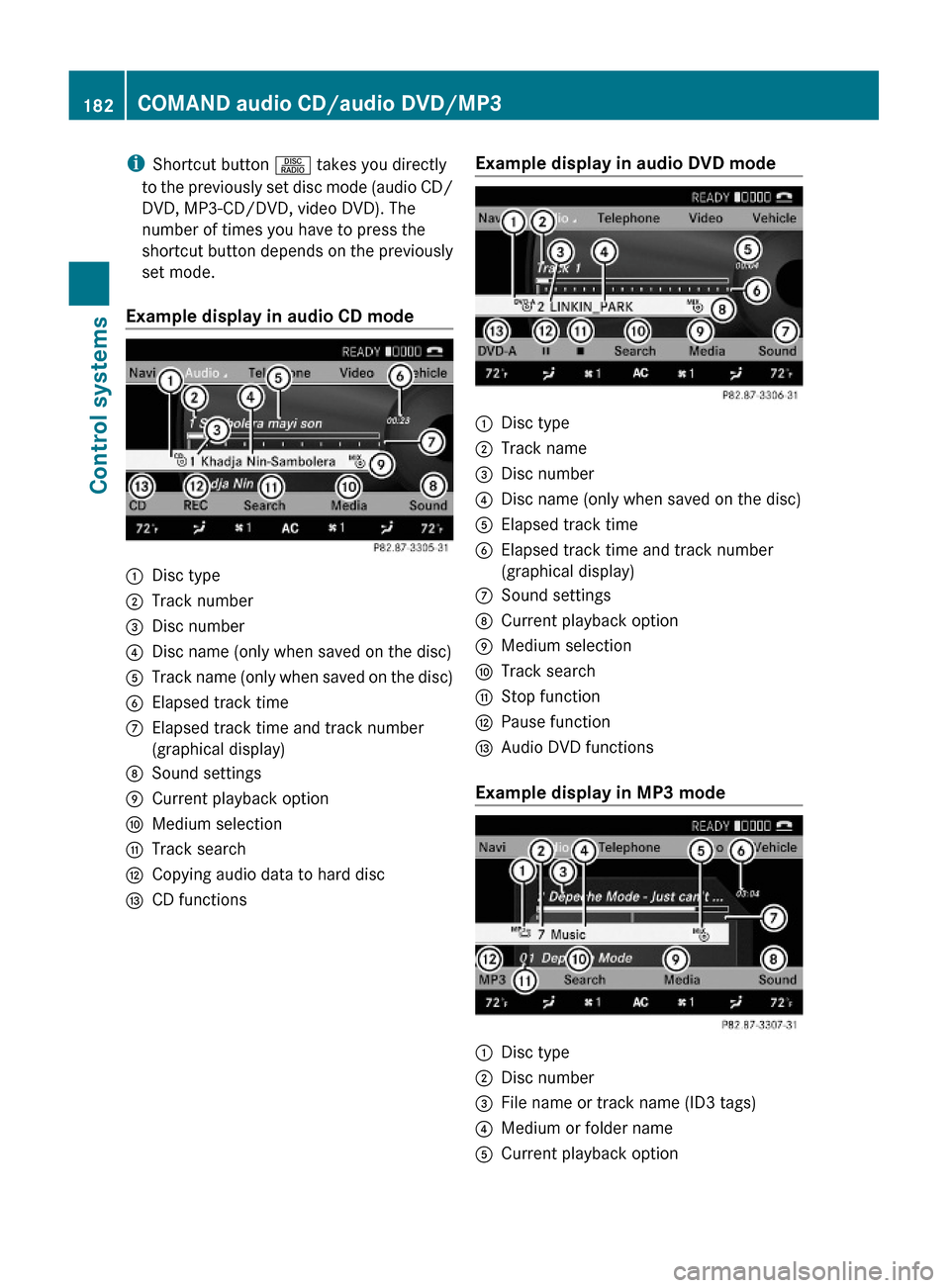 MERCEDES-BENZ S600 2010 W221 Owners Manual iShortcut button R takes you directly
to the previously set disc mode (audio CD/
DVD, MP3-CD/DVD, video DVD). The
number of times you have to press the
shortcut button depends on the previously
set mo