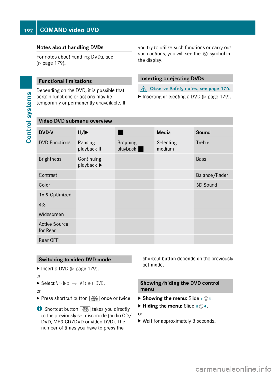 MERCEDES-BENZ S600 2010 W221 Owners Manual Notes about handling DVDs
For notes about handling DVDs, see
( Y page 179).
Functional limitations
Depending on the DVD, it is possible that
certain functions or actions may be
temporarily or permane MERCEDES-BENZ S600 2010 W221 Owners Manual Notes about handling DVDs
For notes about handling DVDs, see
( Y page 179).
Functional limitations
Depending on the DVD, it is possible that
certain functions or actions may be
temporarily or permane