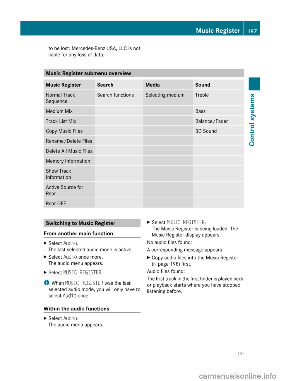 MERCEDES-BENZ S600 2010 W221 Owners Manual to be lost. Mercedes-Benz USA, LLC is not
liable for any loss of data.
Music Register submenu overview
Music RegisterSearchMediaSoundNormal Track
SequenceSearch functionsSelecting mediumTrebleMedium MERCEDES-BENZ S600 2010 W221 Owners Manual to be lost. Mercedes-Benz USA, LLC is not
liable for any loss of data.
Music Register submenu overview
Music RegisterSearchMediaSoundNormal Track
SequenceSearch functionsSelecting mediumTrebleMedium