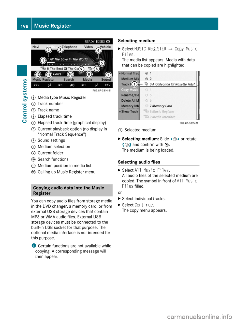 MERCEDES-BENZ S600 2010 W221 Owners Manual :Media type Music Register;Track number=Track name?Elapsed track timeAElapsed track time (graphical display)BCurrent playback option (no display in
“Normal Track Sequence”)
CSound settingsDMedium MERCEDES-BENZ S600 2010 W221 Owners Manual :Media type Music Register;Track number=Track name?Elapsed track timeAElapsed track time (graphical display)BCurrent playback option (no display in
“Normal Track Sequence”)
CSound settingsDMedium