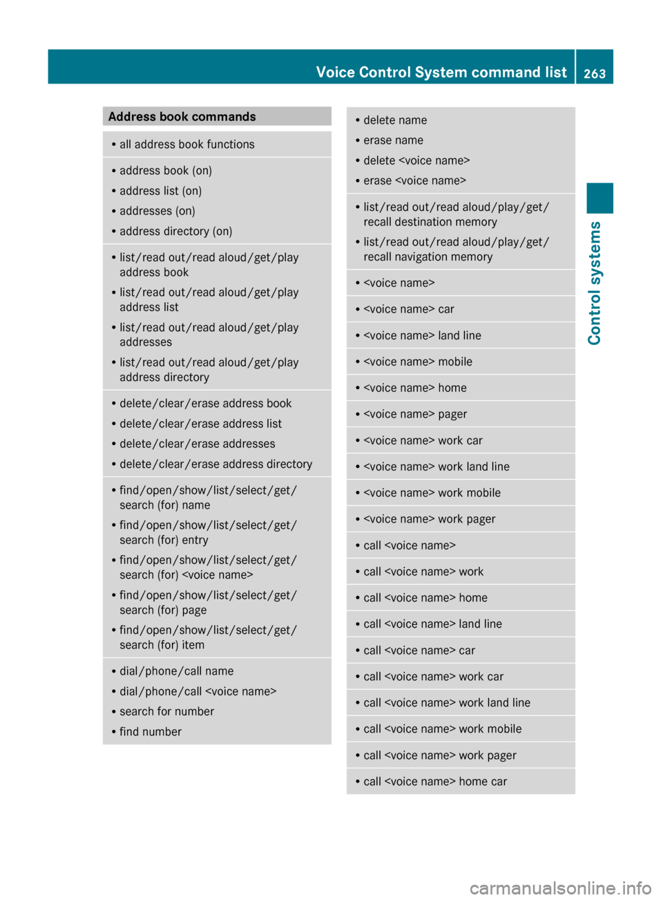 MERCEDES-BENZ S600 2010 W221 Owners Manual Address book commandsRall address book functionsRaddress book (on)
R address list (on)
R addresses (on)
R address directory (on)Rlist/read out/read aloud/get/play
address book
R list/read out/read alo