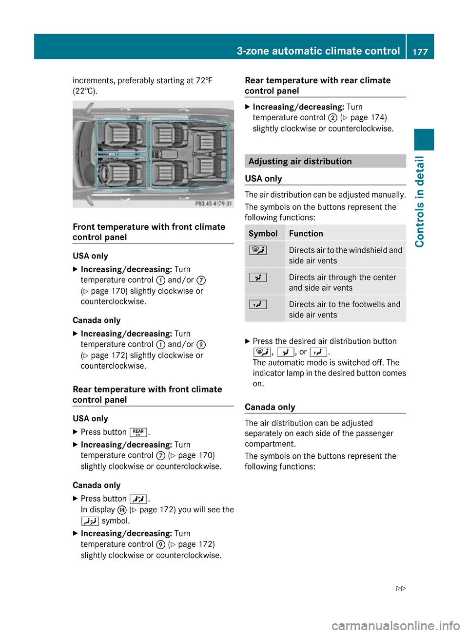 MERCEDES-BENZ R320 2010 W251 Owners Manual increments, preferably starting at 72‡
(22†).
Front temperature with front climate
control panel
USA only
X
Increasing/decreasing: Turn
temperature control : and/or C
(Y page 170) slightly cloc MERCEDES-BENZ R320 2010 W251 Owners Manual increments, preferably starting at 72‡
(22†).
Front temperature with front climate
control panel
USA only
X
Increasing/decreasing: Turn
temperature control : and/or C
(Y page 170) slightly cloc