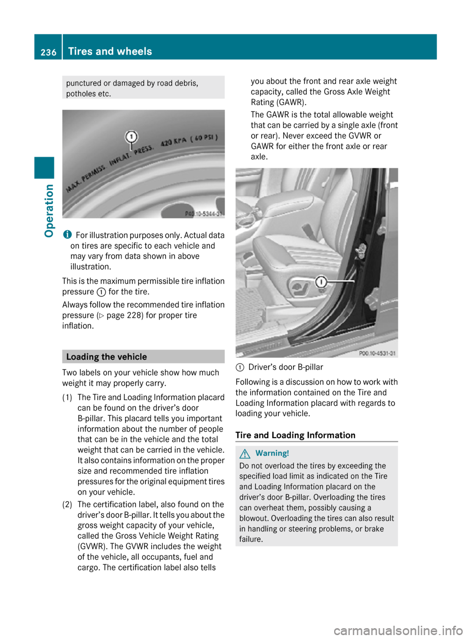 MERCEDES-BENZ R320 2010 W251 Owners Manual punctured or damaged by road debris,
potholes etc.
i
For illustration purposes only. Actual data
on tires are specific to each vehicle and
may vary from data shown in above
illustration.
This is the m MERCEDES-BENZ R320 2010 W251 Owners Manual punctured or damaged by road debris,
potholes etc.
i
For illustration purposes only. Actual data
on tires are specific to each vehicle and
may vary from data shown in above
illustration.
This is the m
