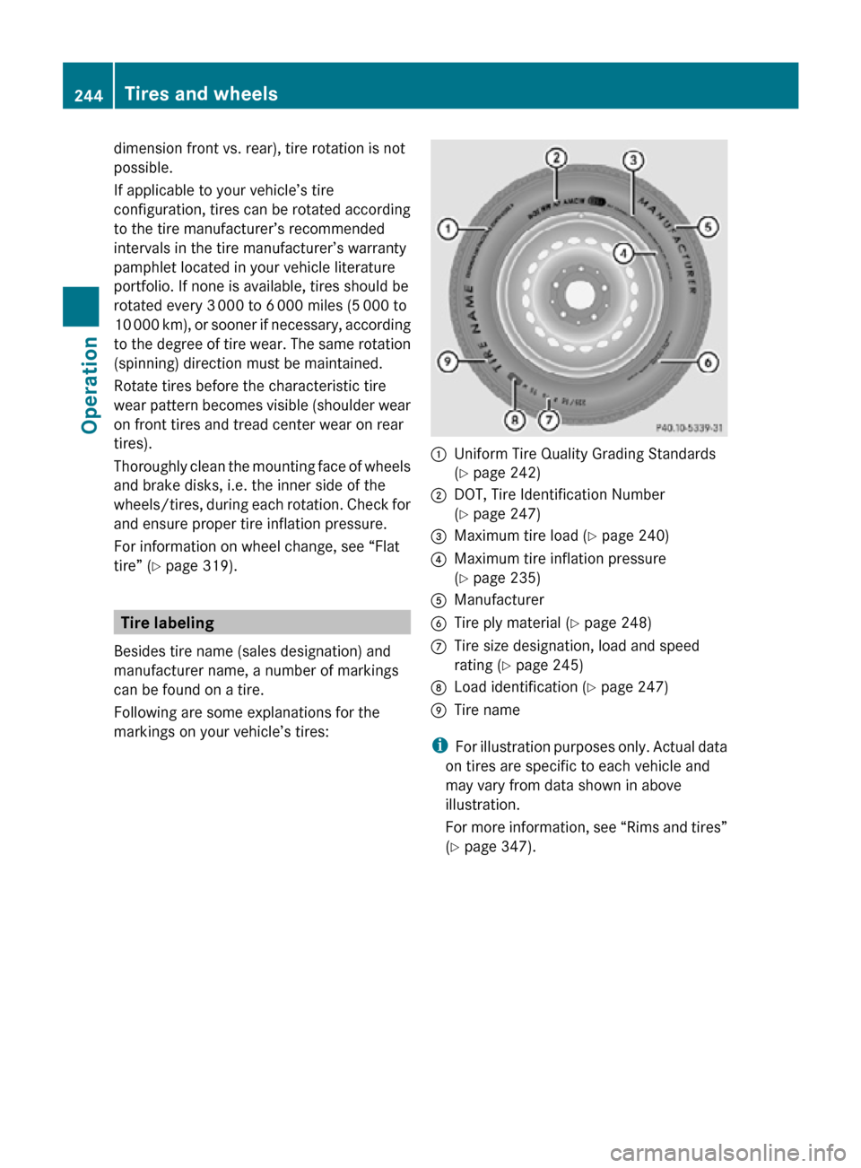 MERCEDES-BENZ R320 2010 W251 Owners Manual dimension front vs. rear), tire rotation is not
possible.
If applicable to your vehicle’s tire
configuration, tires can be rotated according
to the tire manufacturer’s recommended
intervals in the MERCEDES-BENZ R320 2010 W251 Owners Manual dimension front vs. rear), tire rotation is not
possible.
If applicable to your vehicle’s tire
configuration, tires can be rotated according
to the tire manufacturer’s recommended
intervals in the