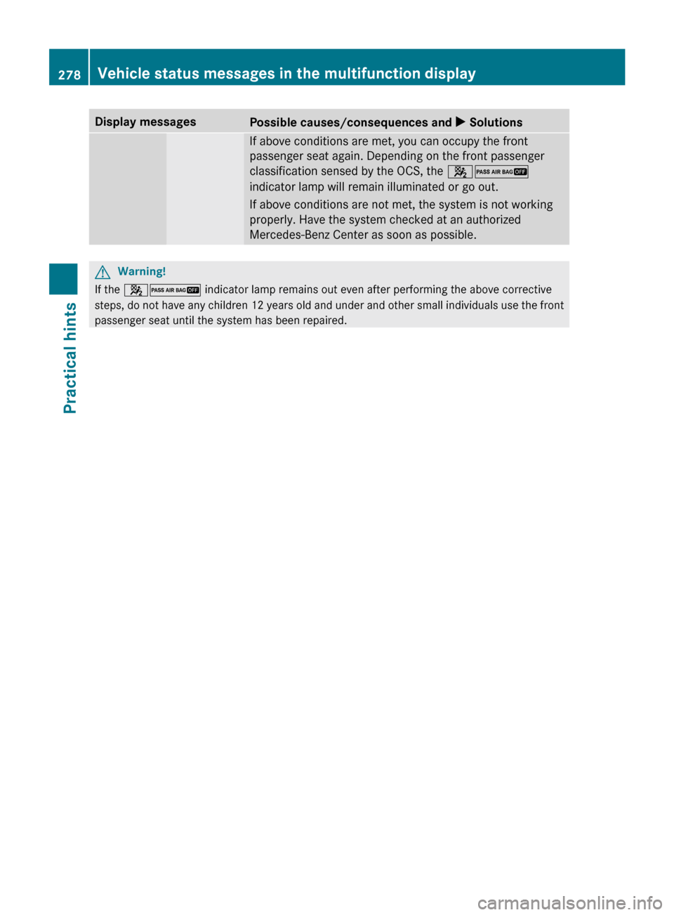 MERCEDES-BENZ R320 2010 W251 Owners Manual Display messages
Possible causes/consequences and 
X Solutions If above conditions are met, you can occupy the front
passenger seat again. Depending on the front passenger
classification sensed by the