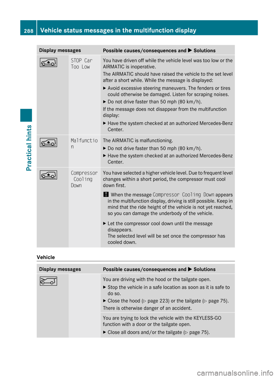 MERCEDES-BENZ R320 2010 W251 Owners Manual Display messages
Possible causes/consequences and
X SolutionsÁ STOP Car
Too Low You have driven off while the vehicle level was too low or the
AIRMATIC is inoperative.
The
AIRMATIC should have rai MERCEDES-BENZ R320 2010 W251 Owners Manual Display messages
Possible causes/consequences and
X SolutionsÁ STOP Car
Too Low You have driven off while the vehicle level was too low or the
AIRMATIC is inoperative.
The
AIRMATIC should have rai
