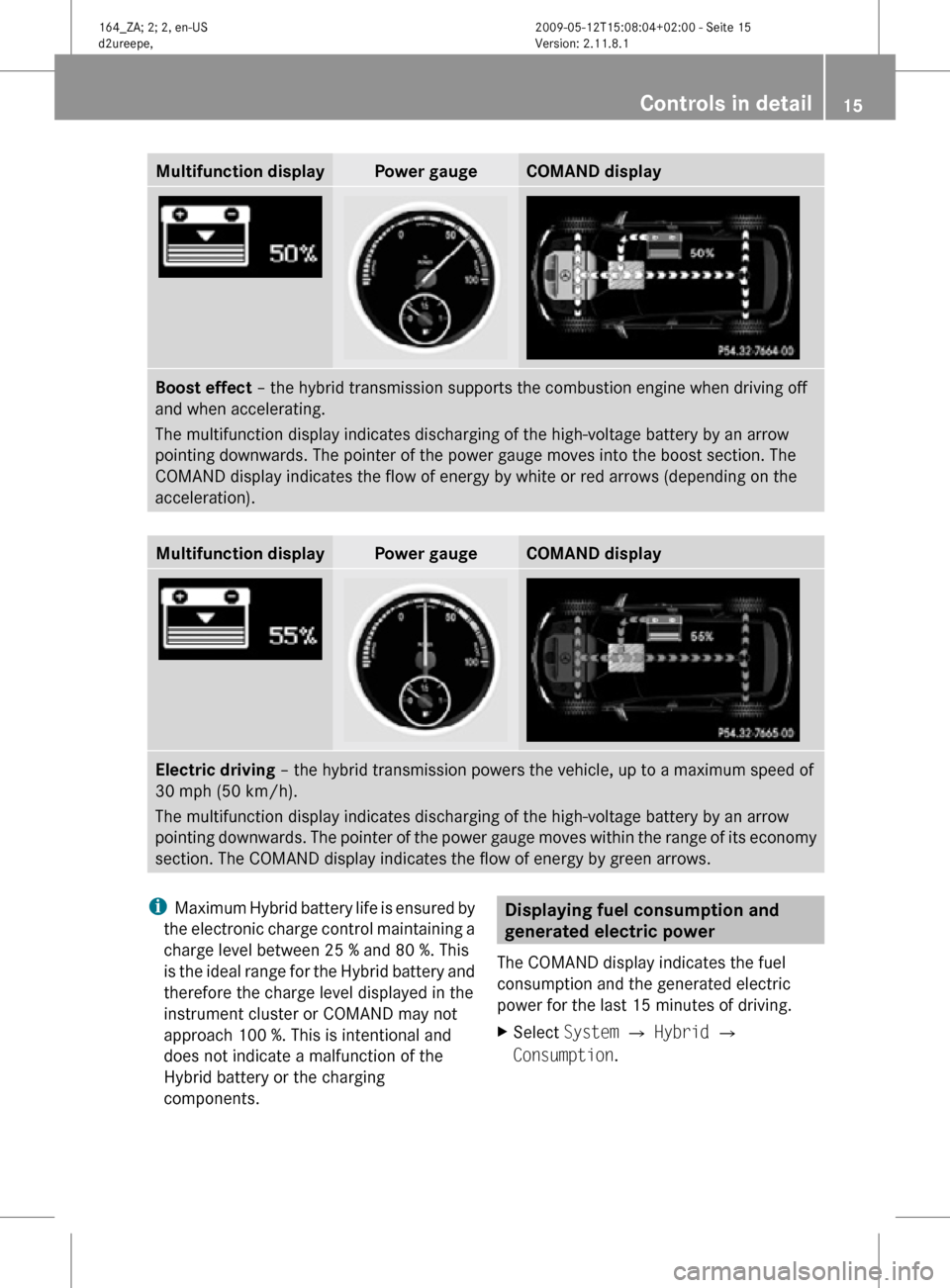 MERCEDES-BENZ ML450 HYBRID 2010 W164 Owners Manual Multifunction display Power gauge COMAND display
Boost effect – the hybrid transmission supports the combustion engine when driving off
and when accelerating.
The multifunction display indicates dis MERCEDES-BENZ ML450 HYBRID 2010 W164 Owners Manual Multifunction display Power gauge COMAND display
Boost effect – the hybrid transmission supports the combustion engine when driving off
and when accelerating.
The multifunction display indicates dis