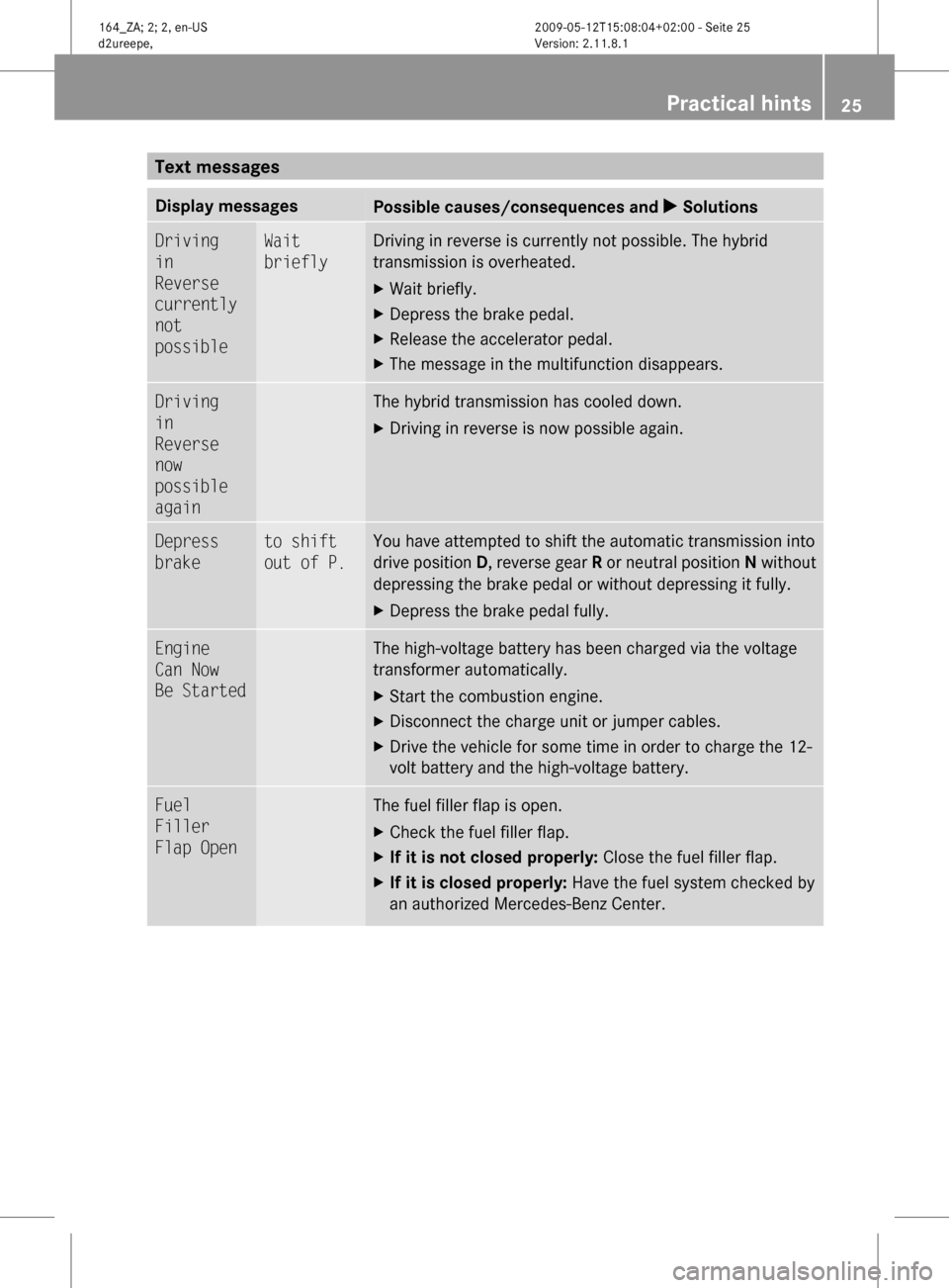 MERCEDES-BENZ ML450 HYBRID 2010 W164 Owners Manual Text messages
Display messages
Possible causes/consequences and
X SolutionsDriving
in
Reverse
currently
not
possible Wait
briefly Driving in reverse is currently not possible. The hybrid
trans MERCEDES-BENZ ML450 HYBRID 2010 W164 Owners Manual Text messages
Display messages
Possible causes/consequences and
X SolutionsDriving
in
Reverse
currently
not
possible Wait
briefly Driving in reverse is currently not possible. The hybrid
trans