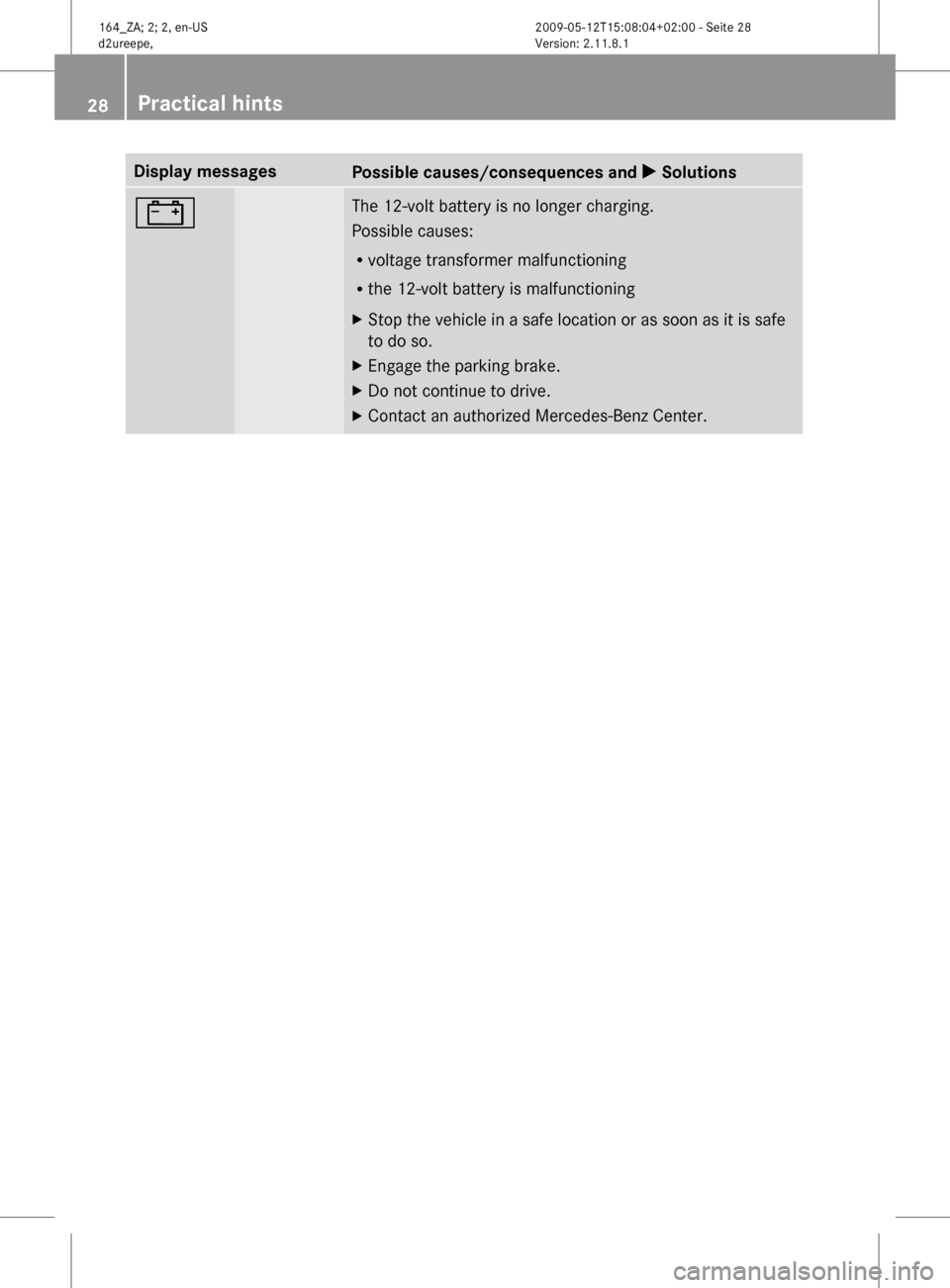 MERCEDES-BENZ ML450 HYBRID 2010 W164 Owners Manual Display messages
Possible causes/consequences and 
X Solutions# The 12-volt battery is no longer charging.
Possible causes:
R
voltage transformer malfunctioning
R the 12-volt battery is malfunctioning