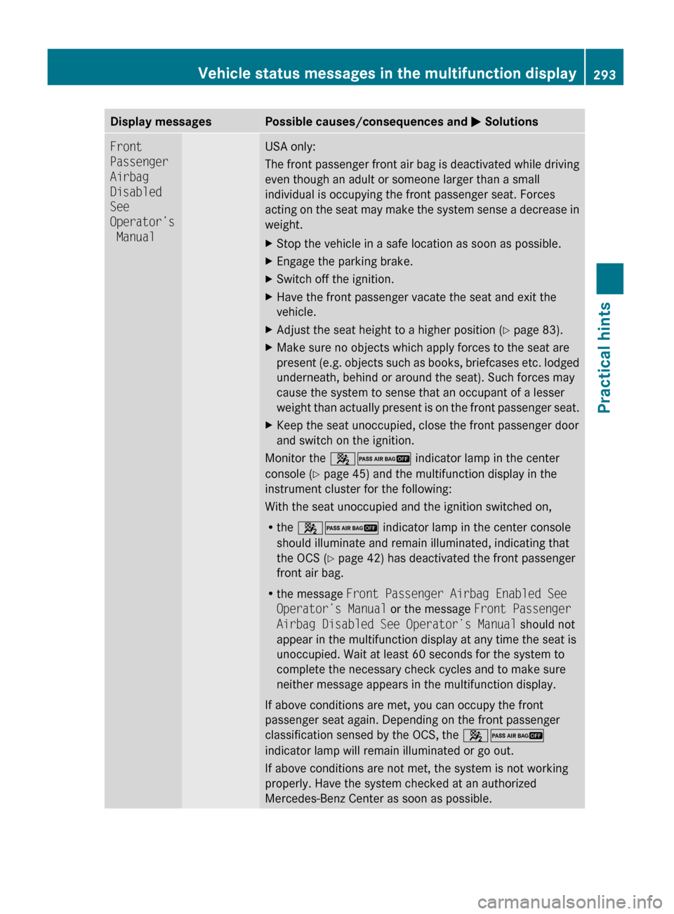 MERCEDES-BENZ GL550 2010 X164 Owners Manual Display messagesPossible causes/consequences and M SolutionsFront
Passenger
Airbag
Disabled
See
Operator’s
ManualUSA only:
The front passenger front air bag is deactivated while driving
even t MERCEDES-BENZ GL550 2010 X164 Owners Manual Display messagesPossible causes/consequences and M SolutionsFront
Passenger
Airbag
Disabled
See
Operator’s
ManualUSA only:
The front passenger front air bag is deactivated while driving
even t