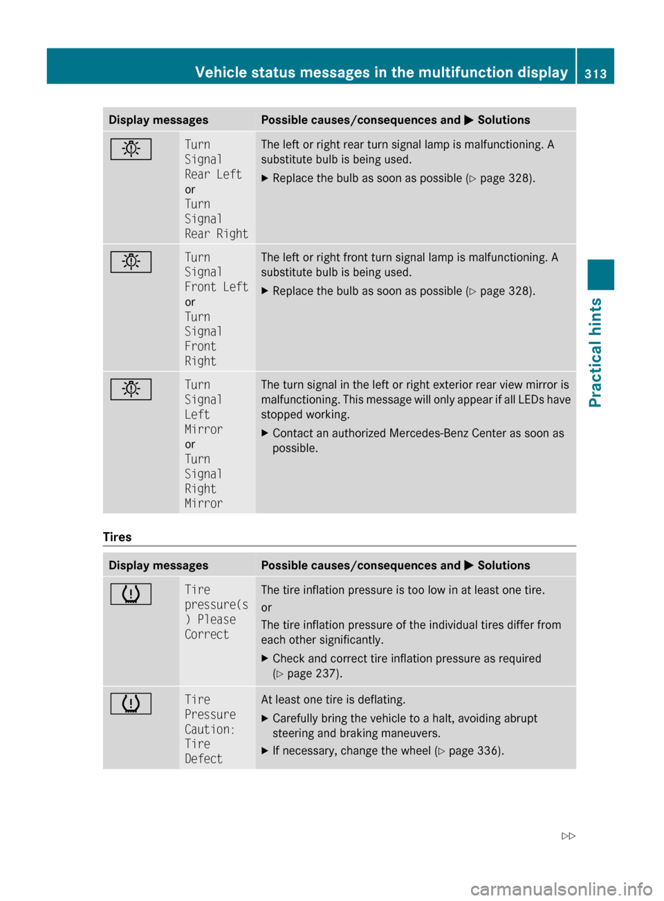 MERCEDES-BENZ GL550 2010 X164 Owners Manual Display messagesPossible causes/consequences and M SolutionsbTurn
Signal
Rear Left
or
Turn
Signal
Rear RightThe left or right rear turn signal lamp is malfunctioning. A
substitute bulb is being us MERCEDES-BENZ GL550 2010 X164 Owners Manual Display messagesPossible causes/consequences and M SolutionsbTurn
Signal
Rear Left
or
Turn
Signal
Rear RightThe left or right rear turn signal lamp is malfunctioning. A
substitute bulb is being us