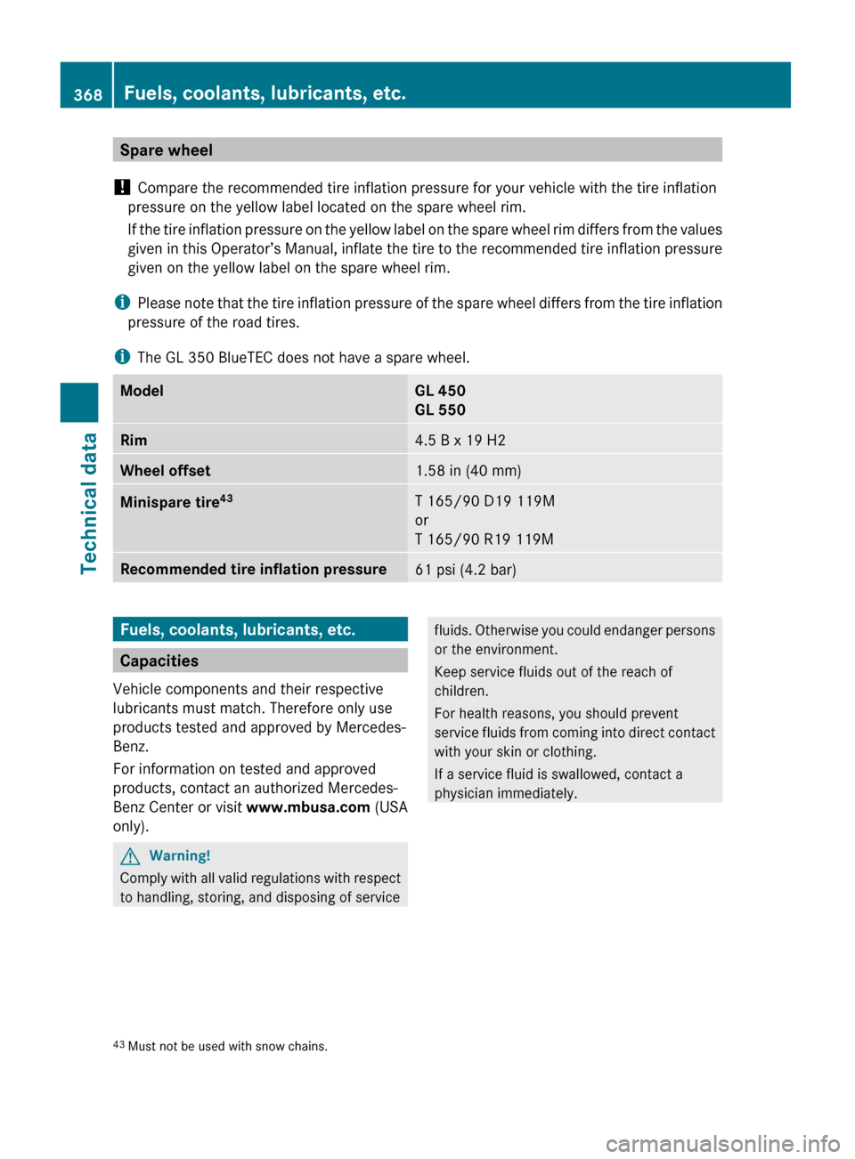 MERCEDES-BENZ GL550 2010 X164 Owners Manual Spare wheel
! Compare the recommended tire inflation pressure for your vehicle with the tire inflation
pressure on the yellow label located on the spare wheel rim.
If the tire inflation pressure on t MERCEDES-BENZ GL550 2010 X164 Owners Manual Spare wheel
! Compare the recommended tire inflation pressure for your vehicle with the tire inflation
pressure on the yellow label located on the spare wheel rim.
If the tire inflation pressure on t