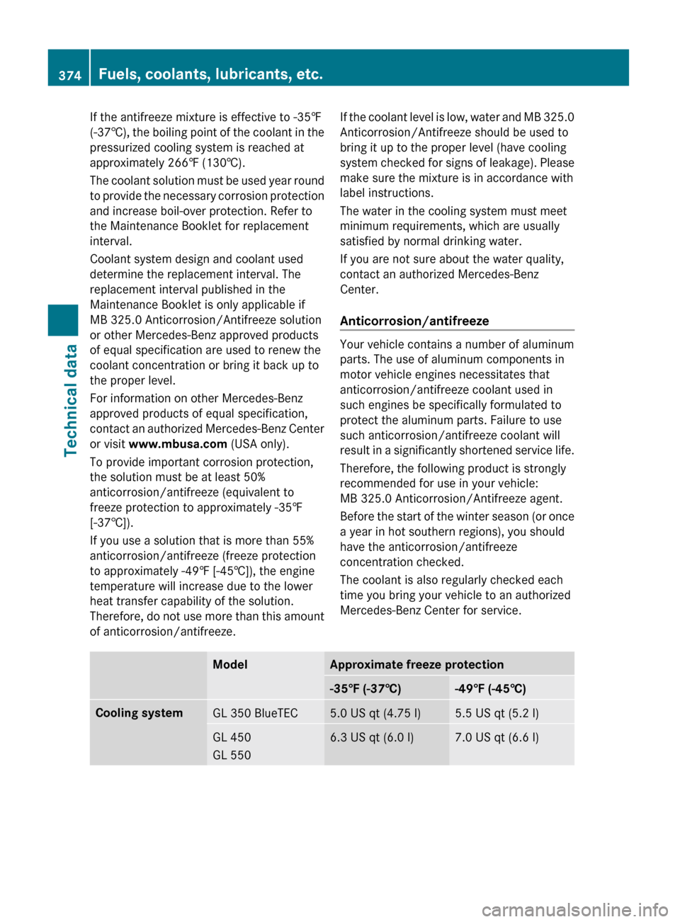 MERCEDES-BENZ GL550 2010 X164 Owners Manual If the antifreeze mixture is effective to -35‡
(-37† ), the boiling point of the coolant in the
pressurized cooling system is reached at
approximately 266‡ (130†).
The coolant solution must be MERCEDES-BENZ GL550 2010 X164 Owners Manual If the antifreeze mixture is effective to -35‡
(-37† ), the boiling point of the coolant in the
pressurized cooling system is reached at
approximately 266‡ (130†).
The coolant solution must be