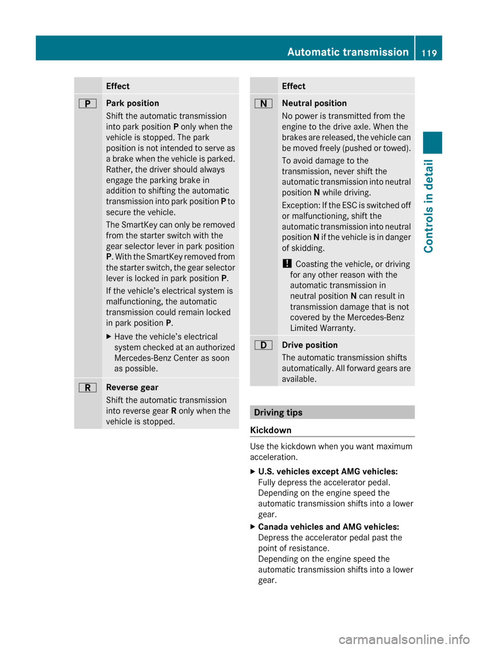 MERCEDES-BENZ E550 2010 W212 Owners Manual EffectBPark position
Shift the automatic transmission
into park position P only when the
vehicle is stopped. The park
position is not intended to serve as
a brake when the vehicle is parked.
Rather, MERCEDES-BENZ E550 2010 W212 Owners Manual EffectBPark position
Shift the automatic transmission
into park position P only when the
vehicle is stopped. The park
position is not intended to serve as
a brake when the vehicle is parked.
Rather,