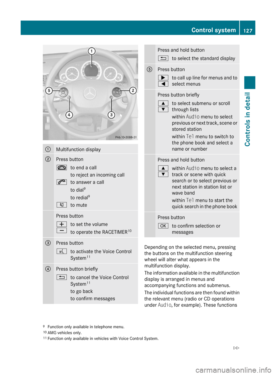 MERCEDES-BENZ E550 2010 W212 Owners Manual :Multifunction display;Press button~to end a call
to reject an incoming call
6to answer a call
to dial9
to redial9
8to mutePress buttonW
X
to set the volume
to operate the RACETIMER10
=Press button?to MERCEDES-BENZ E550 2010 W212 Owners Manual :Multifunction display;Press button~to end a call
to reject an incoming call
6to answer a call
to dial9
to redial9
8to mutePress buttonW
X
to set the volume
to operate the RACETIMER10
=Press button?to