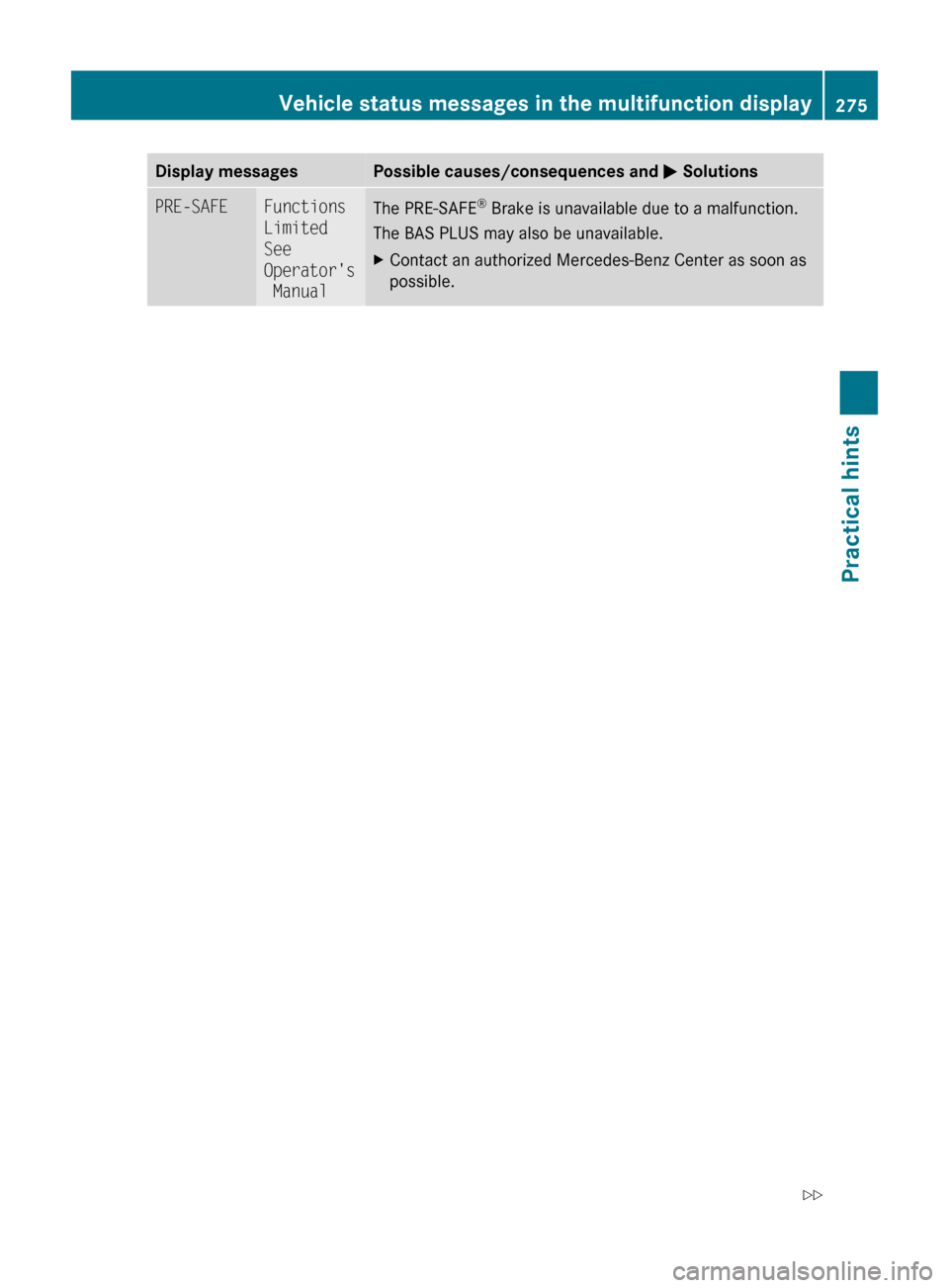 MERCEDES-BENZ E550 2010 W212 Owners Manual Display messagesPossible causes/consequences and M SolutionsPRE-SAFEFunctions 
Limited 
See 
Operators
 ManualThe PRE-SAFE ®
 Brake is unavailable due to a malfunction.
The BAS PLUS may also be unav